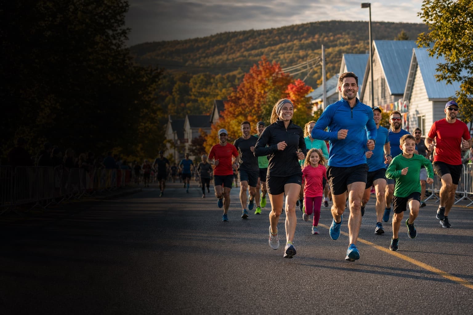 Coureurs et familles participant à une course dans un village de la Beauce